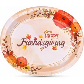 50 Pack Friendsgiving Oval Paper Plates, Disposable Heavy Duty Serving Plates, Happy Friendsgiving Party Decorations