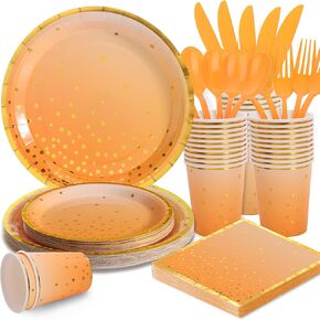 175PCS Orange Party Supplies, Fall Paper Plates and Napkins, Orange Paper Plates for Birthday, Fall Party Decorations, Halloween, Thanksgiving, Serve 25 Guests