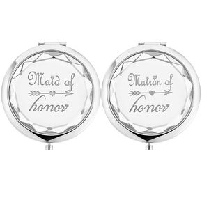 2 Pack Bridesmaid Proposal Gifts,1 Maid of Honor mirror 1 Matron of Honor mirror,Crystal Pocket Compact Makeup Mirror Wedding Bridesmaid Gifts Bachelorette Party Gifts for Bride (silver)