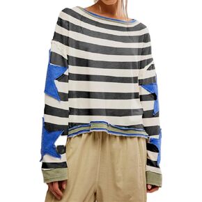 Women Vintage Long Sleeve Color Block Shirt Oversized Graphic Star Sweatshirt Y2k Casual Crewneck Shirt Tops