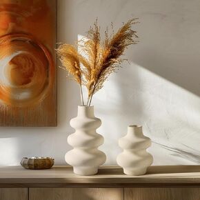 White Ceramic Flower Vases Set of 2 - Modern Vase Style Home Decor for Living Room, Office, Bedroom & Centerpieces, Perfect for Dried Flowers, Pampas Grass & Fresh Blooms