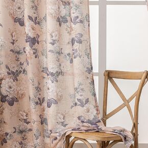 Brown Vintage Floral Semi-Sheer Curtains Linen Textured for Living Room Patterned 84 inches Long 2 Panels Rod Pocket Light Filtering Window Drapes for Dining Bedroom