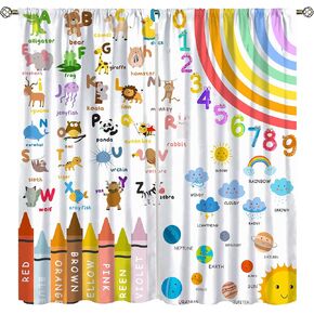 Alphabets ABC Curtains for Kids,Education Learning Rainbow Crayons Alphabet Colors Animals Numbers Galaxies Window Drapes Print for Boys Girls Nursery Children Toddler Bedroom 42x45in（No Blackout）