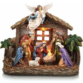 Valery Madelyn Christmas Nativity Figurines with LED Lights, Large Red Gold Holy Family Nativity Scenes Resin Manger for Xmas Indoor Home Table Fireplace Holiday Decorations, 10.6 Inch Tall