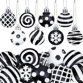 24 Pcs Christmas Ball Ornaments Black and White Christmas Tree Decoration Ornaments 2.36 Inches Glitter Plastic Stripe Dot Snowflake Hanging Decoration for Home Indoor