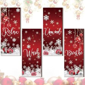 4 Pcs Christmas Bathroom Wall Decor Bathroom Wall Art Winter Wooden Rustic Bathroom Decor Hanging Christmas Signs Farmhouse Bath Decorations Bathroom Wash Relax Unwind Breathe Sign(Snowman Style)