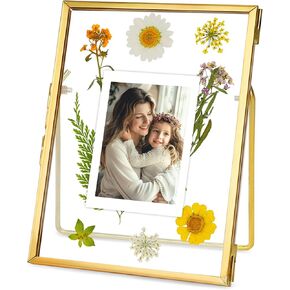 Glass frame for pressed flowers Handmade, Hanging Photo Frame, Double Glass Floating Picture Frames Brass Clear Frame for Dried flowers Plants Artwork, Rectangle, Gold, 4x6 (FRAME ONLY)