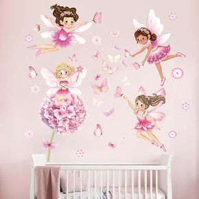 Fairy Girl Flower Wall Stickers - Pink Dandelion Floral Butterfly Wall Decals - Girls Bedroom Nursery Daycare Playroom Classroom Wall Decor
