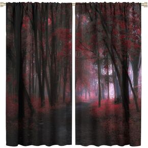Gothic Dark Misty Forest Curtains, Mysterious Horror Foggy Dim Dead Jungle Under Strange Bright Moon, Thermal Insulation Blackout Rod Pocket Window Drapes for Living Room Bedroom Bathroom 42x63in