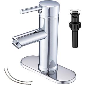 GGStudy Chrome Single Handle 1 Hole Bathroom Sink Faucet Matching Pop Up Drain with Overflow Washingroom Faucet Bathroom Vantity Faucet