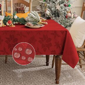 Softalker Christmas Jacquard Tablecloth, Winter Vintage Damask Rectangle Table Cover, Poinsettia Snowflakes Polyester Fabric Table Cloths Decor for Holiday, Dining, Party - 60 x 84 inch, Red