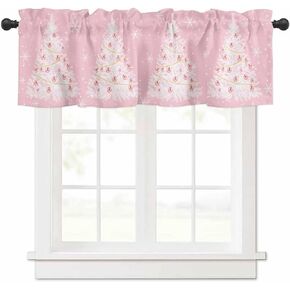 Pink Christmas Tree Valances for Windows Kitchen, Winter Xmas Tree Snowflake Christmas Ball Thermal Insulated Rod Pocket Curtains, Window Treatments Valance for Living Room Bedroom,54x18in