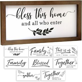 Interchangeable Wood Family Sign 17x8. Living Room Wall Decor. Wooden Framed Horizontal Plaque Home Decoration for Table or Counter. Bless This Home And All Who Enter.