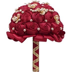 7 Inch Wedding Bouquet Satin Flower Bridal Holding Bridesmaid Gold Button Brooch Artificial Flower Bouquet for Indoor Wedding, Bridal Shower, Toss Bouquet, Quinceanera (Burgundy)