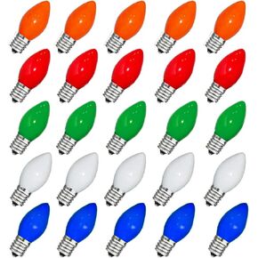 C7 Bulbs C7 Christmas Light Bulbs,25 Pack C7 Replacement Bulbs Multicolor C7 Night Light Bulbs C7 Light Bulbs C7/E12 5 Watt Candelabra Base for Indoor/Outdoor Holiday Christmas Bulbs