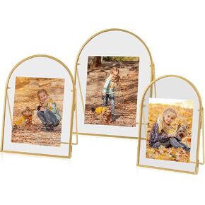 Set of 3 Gold Floating Picture Frame, 4x6, 5x7, 6x8 Arched Glass Floating Frames, Vintage Brass Gold Picture Frame for Artwork Photos Tabletop Display