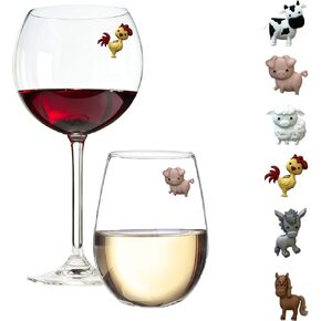 Barnyard Animal Wine Charms – Magnetic Glass Markers and Identifiers Set of 6