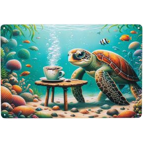 Serene Undersea Coffee Break Nautical Home Decor Tin Sign with Sea Turtle,Coral Reef Metal signs Wall Art decor for Coastal Theme,Aquarium Decor,Ocean Lovers 12x8inch