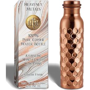 Heavenly Metals 32oz Pure Copper Water Bottle – Handcrafted Ayurvedic Copper Vessel w/Leak Proof Lid- Honeycomb Finish 950ml Bottle