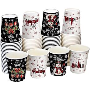 100 Pcs Christmas Disposable Coffee Cups 9 oz Christmas Paper Cups Snowflake Truck Snowman Christmas Tree Christmas Ball Hot Chocolate Cups for Xmas Holiday Party Cocoa Tea Drinking