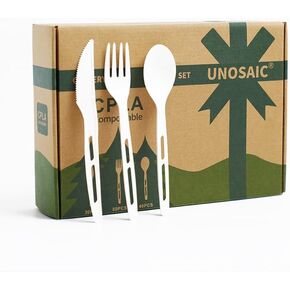 100% compostable cutlery set,80 Forks,40 Spoons and 30 Knives,tableware set, a total of 150 compostable tableware, suitable for camping, picnics, parties, restaurants and other scenarios。