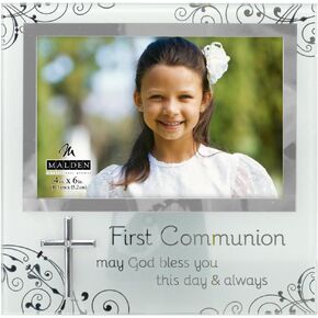 Malden International Designs First Communion 4x6 Mirrored and Frosted Glass Horizontal Picture Frame with Metal Silver Finished Border Quality Clear Glass Silver Mirror