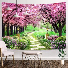 MEETSIOY Cherry Blossom Tapestry 93x71 Inches Floral Cherry Blossom Tree in Spring Tapestry Park Path Tapestry for Children Adults Room Decoration GTLSMT85