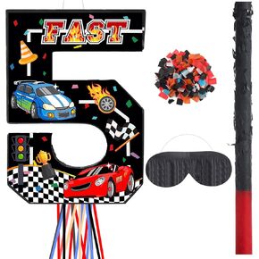 Race Car Number Piñata Pull String Fast Piñata Small Racing Theme Piñata with Blindfold Stick Confetti for Boys Birthday Decorations Party Supplies(Number 3)