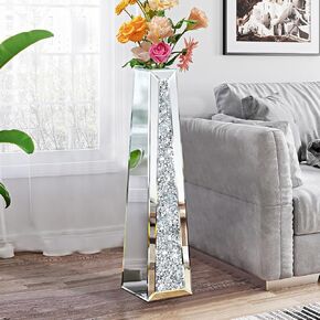 28.85" Tall Crushed Diamond Floor Vase, Silver Large Vases for Decor Living Room, Crystal Mirrored Home Decor Vases for Dried Flower