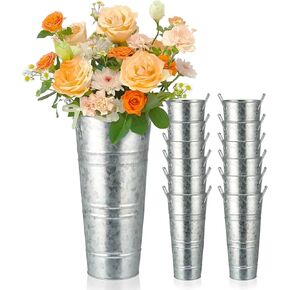 12 Pcs Vintage Galvanized Metal Bucket for Cut Flower, 9 Inch Rustic Farmhouse Vase Bulk with Handles for Table Centerpiece Wedding Home Decoration, French Style Gift for Party Garden Decor (Silver)