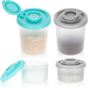 Salt and Pepper Shakers Set, 4 Pcs Mini Plastic Spice Shakers with Moisture Proof Lids, Perfect for Camping Picnic Travel Lunch Boxes Kitchen Clear with Grey and Mint Lids, Small & Medium Sizes