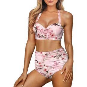 Suobstales Women Two Piece Swimsuit High Waisted Bikini Sets Halter Top with Bottoms Tummy Comtrol Bathing Suit Swimwear