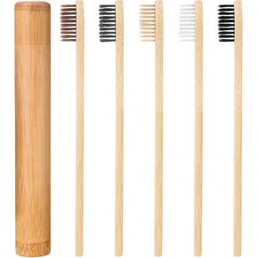 Wood Toothbrush, 5 Count Bamboo Toothbrushes, Natural Wood Toothbrushes Extra Soft Bristles with Bamboo Tube Zero Waste Wooden Tooth Brush for Adults' & Kids' Teeth Travel Kit