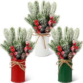 3 Sets Christmas Centerpiece Table Decorations Xmas Floral Arrangement Farmhouse Galvanized Pot with Pine Cone Red Holly Berry Pick Christmas Decor for Table Indoor Kitchen Shelf Mantle(3 Colors)