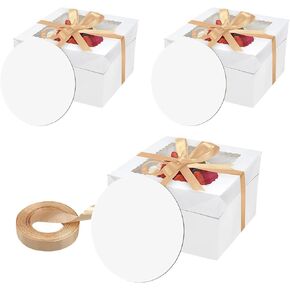 24PCS 10x10x8 Inches Cake Boxes with Cake Boards—（12Cake Boxes with window &12Cake Borads &70ft Silk RibbonX2） Large Square Baking Boxes for Christmas,Birthday Party, Wedding, Valentine's Day