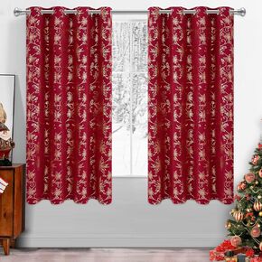 BLEUM CADE Christmas Curtains for Living Room Gold Floral Foil Print Christmas Curtains Christmas Flower Poinsettia Blackout Curtains Thermal Insulated Grommet Window Drapes, 52" x 63", Red, 2 Panels