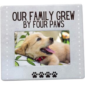 BANBERRY DESIGNS Our Family Grew by Four Paws Photo Frame - New Puppy or Kitty Frame Adoption Rescue Animals - Gray Background with Paw Print Design Dog or Cat - 4 X 6 Photo Opening