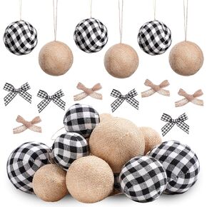 Sratte 48 Pcs Farmhouse Christmas Ornaments 24 Pcs Buffalo Plaid Fabric Ball with 24 Pcs Bow Country Cute Rustic Xmas Balls Burlap Rustic Christmas Decorations for Holiday Tree (Red, Black, White)