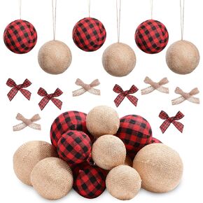 Sratte 48 Pcs Farmhouse Christmas Ornaments 24 Pcs Buffalo Plaid Fabric Ball with 24 Pcs Bow Country Cute Rustic Xmas Balls Burlap Rustic Christmas Decorations for Holiday Tree (Red, Black, White)