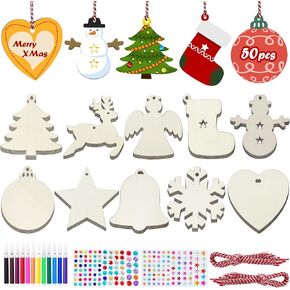 50pcs Wooden Christmas Ornaments for Crafts, 10 Shapes Wooden Christmas Ornaments Bulk for Kids Adults DIY Craft, Blank Unfinished Wood Ornaments with Pens & Star Stickers for Xmas Hanging Decoration