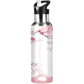 Qilmy Japanese Cherry Blossom Vacuum Insulated Water Bottle with Straw Lid 22oz Double Wall Stainless Steel Sports Water Bottle for Travel Sport, Hot Cold, BPA-Free
