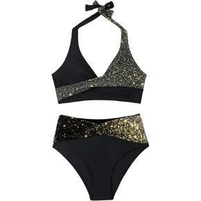 GORGLITTER Women's Color Block Halter Bikini Sets Glitter High Waisted Cheeky Swimsuit Modest Bathing Suit in Kuwait