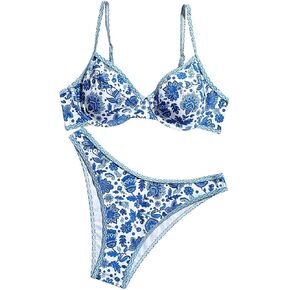 WDIRARA Women's 2 Piece Floral Print Contrast Trim Swimsuit Summer High Cut Bikini Set