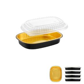Oval Aluminum Foil Pans with Snap-On Lids (5 Pack) | 2X Thicker Heavy Duty Reusable Container 50oz for Take-Out (Black)