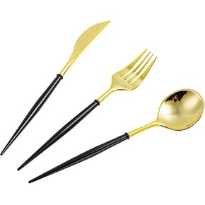 N9R 90PCS Gold Plastic Silverware - Gold Plastic Cutlery Set with Black Handle-Fancy Plastic Silverware Heavy Duty with 30 Spoons, 30 Forks, 30 Knives for Halloween and Everyday Use