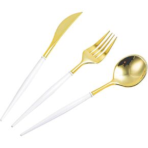 N9R 90PCS Gold Plastic Silverware - Gold Plastic Cutlery Set with Black Handle-Fancy Plastic Silverware Heavy Duty with 30 Spoons, 30 Forks, 30 Knives for Halloween and Everyday Use
