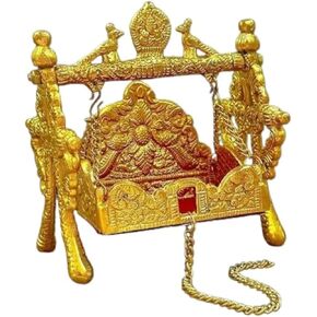 Decorative Laddu Gopal Jhula Oxidized Gold Plated Bal Gopal Krishna Swing for Home Decor Krishna Jhula for Pooja, Indian Traditional Pooja Items for Gifts (Size:-6 Inches x 5 Inches X 3 Inches)