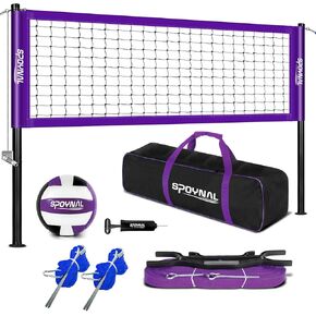 Outdoor Portable Volleyball Net Set with Adjustable Height Steel Poles, Volleyball, Anti-sag Winch System, Pump, Boundary Line, and Carry Bag for Backyard, Beach, Lawn