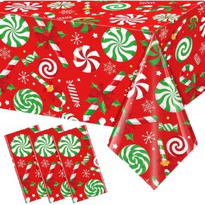 3 Pcs Christmas Candy Cane Plastic Tablecloths,Disposable Xmas Peppermint Swirl Red Green White Table Cloth Rectangle Kitchen Dinner Table Cover for Christmas Holiday Party Decorations,54x108 Inch