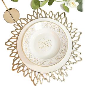 Herda Gold Table Placemats Set of 12, Gold Vinyl Table Mats 12 Pcs, Gold Plates Chargers Round Dining Place Mats for Christmas, Thanksgiving, Wedding Table Decoration, Gold Leaf Holiday Plate Chargers
